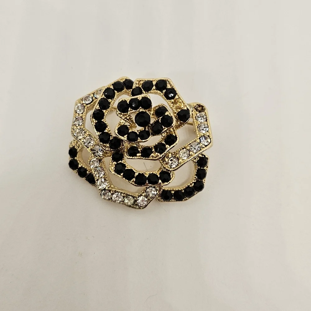 Flower Brooch Pin Rose Black Clear Rhinestones Crystals Open Work Multilayer